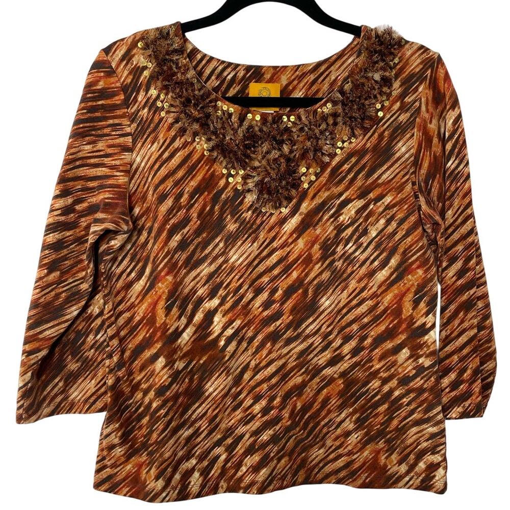 Ruby Rd. Embellished Animal Print 3/4 Sleeve Blouse‎ Top Brown/Orange Women's M